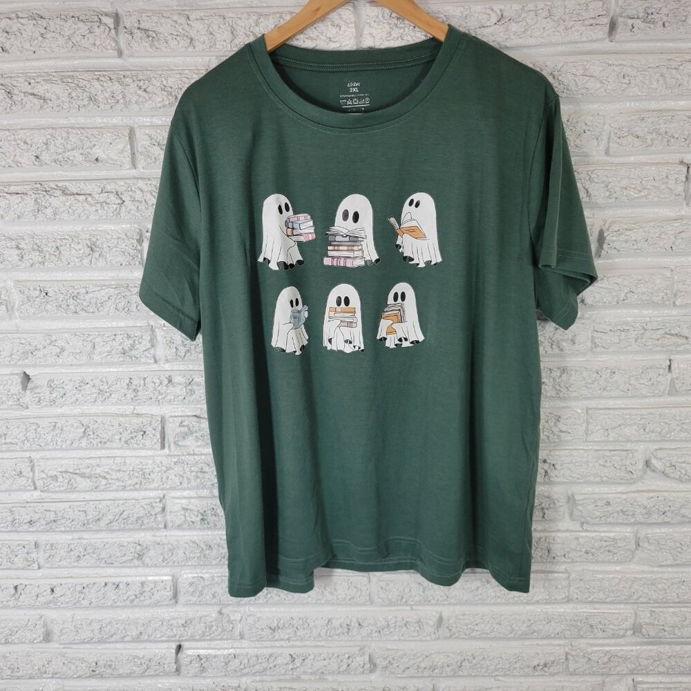 Shein Curve 2XL Plus Size Halloween T-Shirt Green Ghost Print Jersey Tee NOV104E